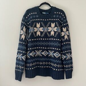 Polo Ralph Lauren Mens Fair Isle Sweater Blue & Cream XXL Hand Knit Preppy Warm